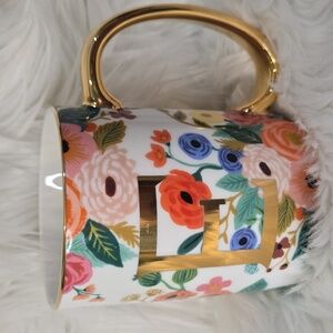 Rifle Paper Garden Party Monogram Mug Letter "E" Floral Gold Porcelain Cup